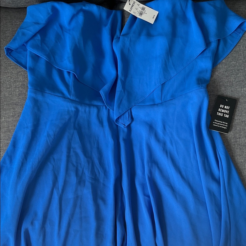 Express Strapless Cobalt Blue Handkerchief Hem Dress